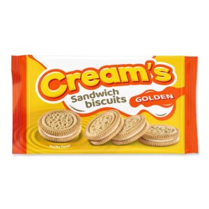 Pakke med Cream’s Golden Sandwich Biscuits med vaniljesmag og gyldne kiks.