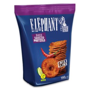 Pose med Elephant Baked Squeezed Pretzels Chili & Lime 160 g, vegansk snack med krydret smag.