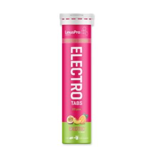 LinusPro Electro Tabs Exotic – tube med 20 elektrolyttabletter i pink og grøn emballage