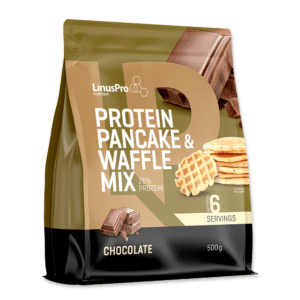 LinusPro Protein Pancake & Waffle Mix med chokoladesmag i 500 g pose, viser vafler og chokolade.