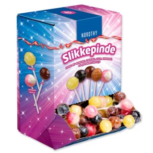 Nordthy Slikkepinde i æske med smag af cola, lakrids, karamel, jordbær/vanilje og ananas.