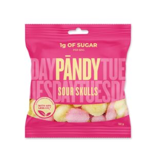 Pose med Pändy Sour Skulls 50 g, syrlige vingummier med lavt sukkerindhold.